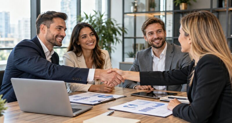 Business professionals shaking hands with an SEO agency representative in a modern office