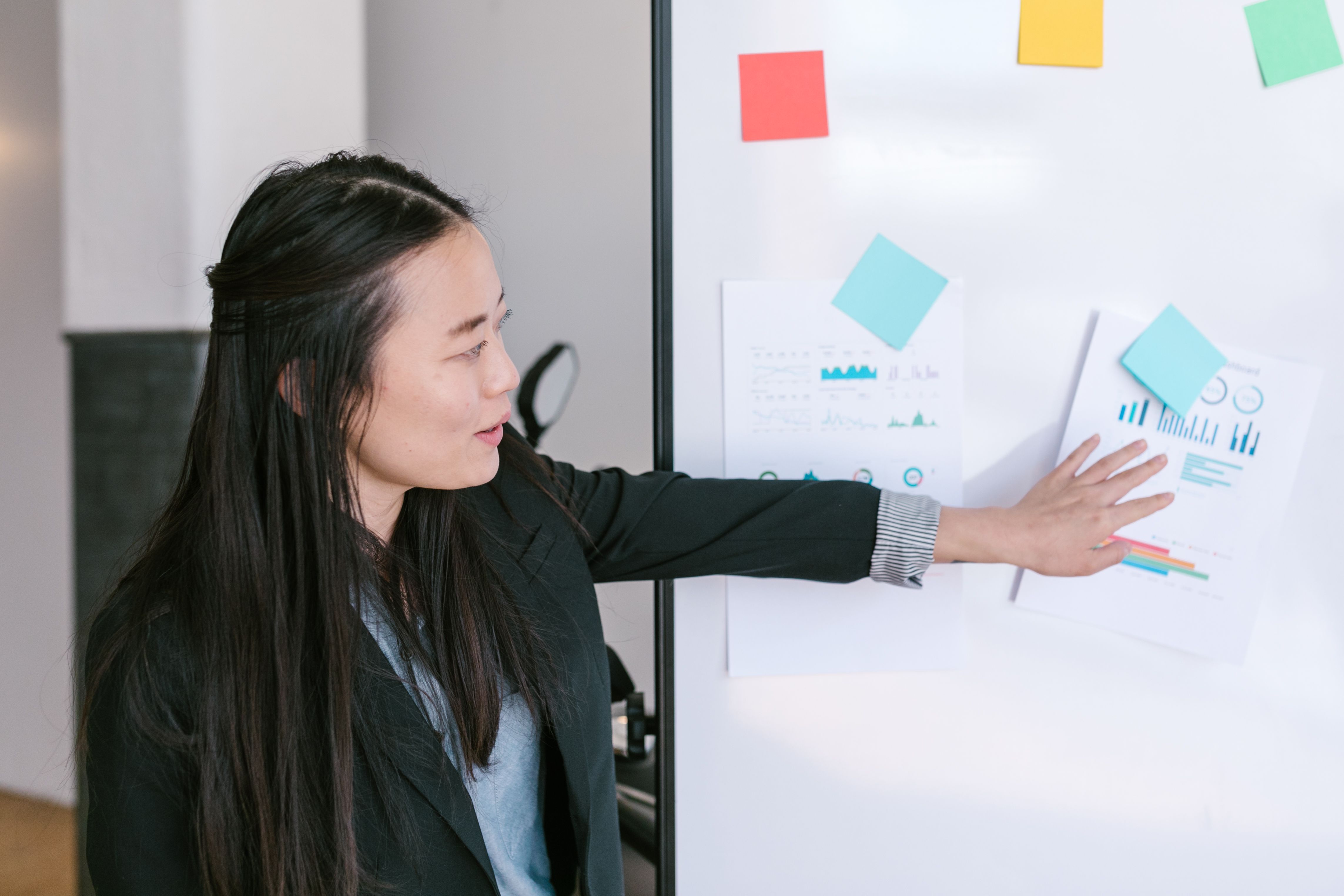 An Asian businesswoman presenting business ideas with graphs on a whiteboard in an office setting